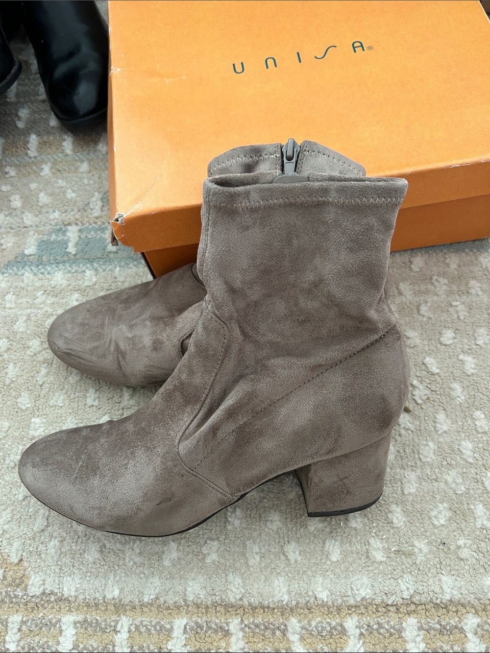 Unisa Taupe Suede Mid-Block Heel Ankle Boots